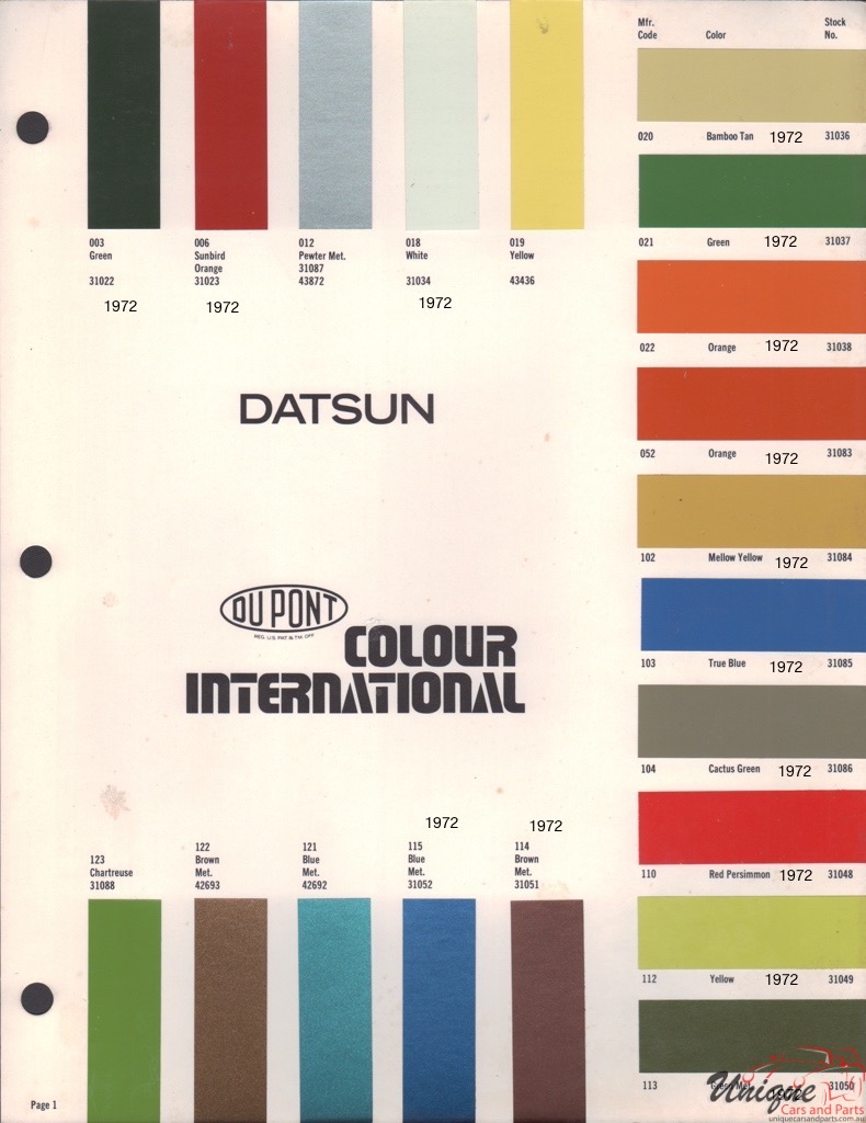 1972 Datsun Paint Charts DuPont 5